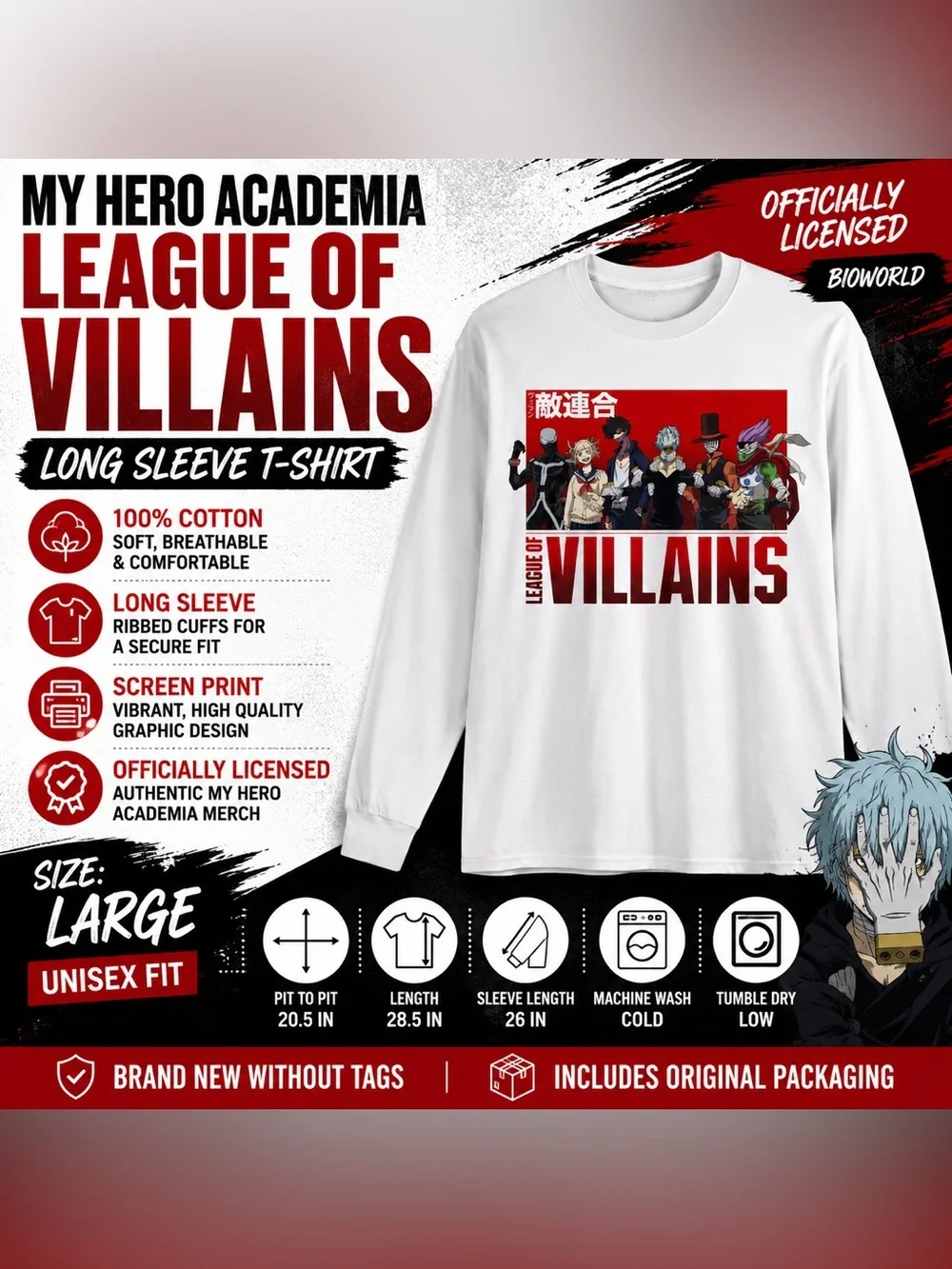 BIOWORLD My Hero Academia League of Villains Long Sleeve Shirt White L Unisex